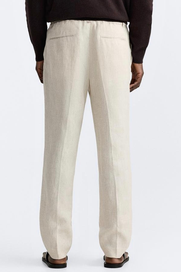 Beige Straight Fit Linen Trouser