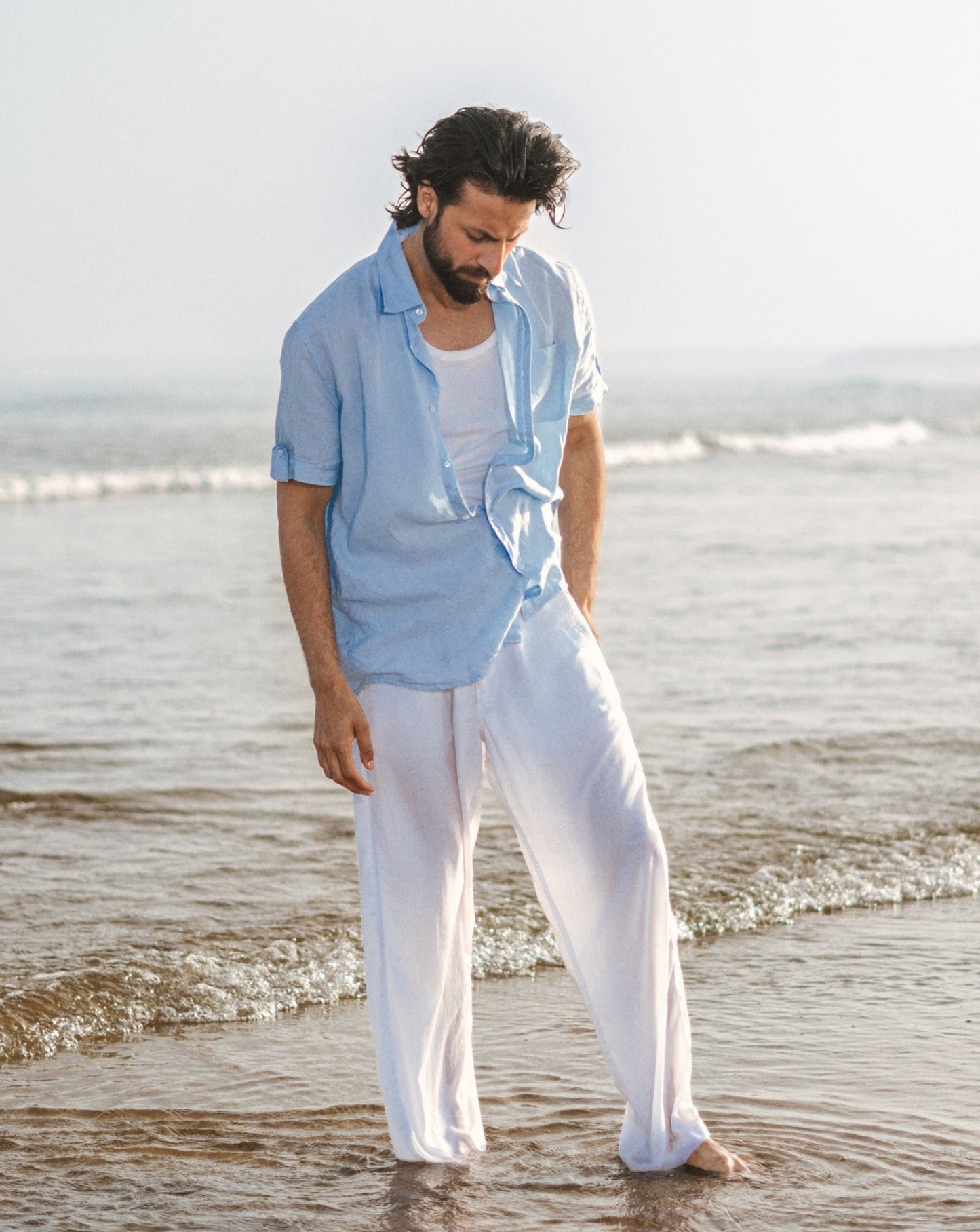 Baby Blue Linen Button Down, Half Sleeves