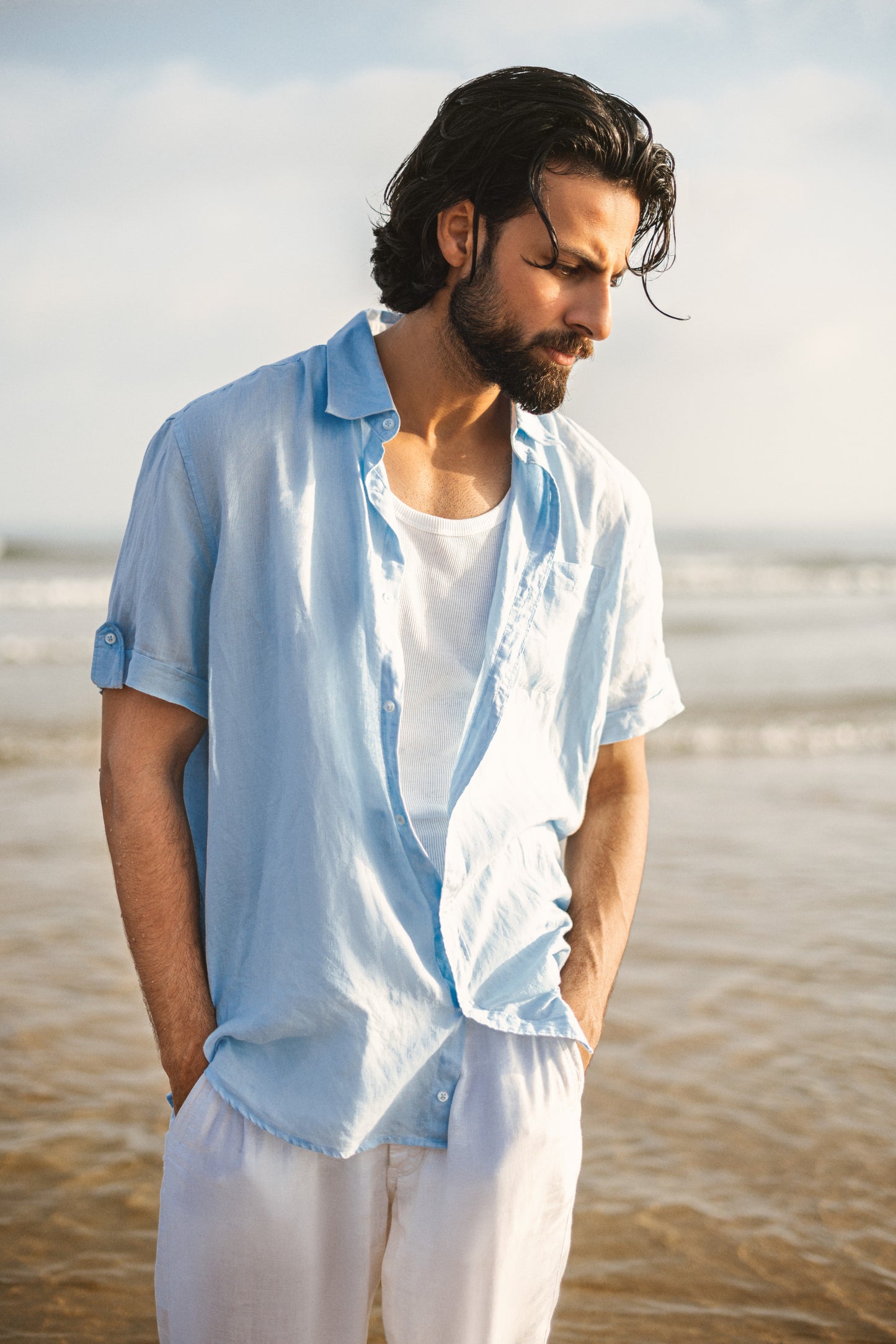 Baby Blue Linen Button Down, Half Sleeves