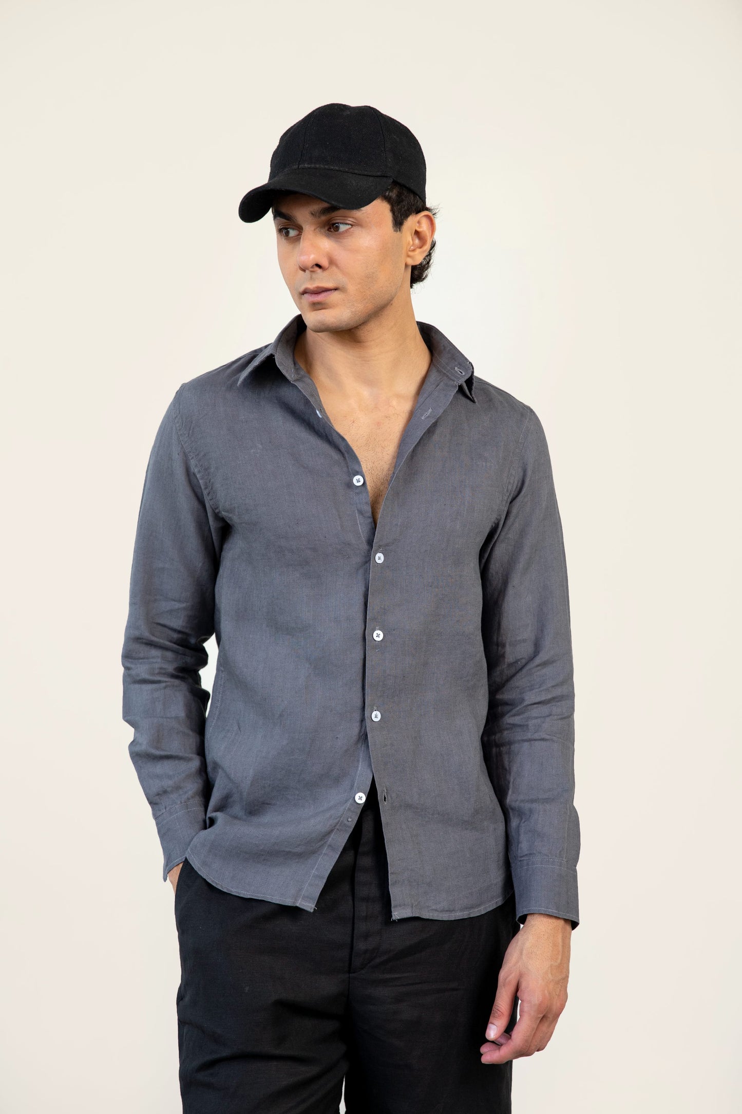 Grey Linen Button Down Shirt