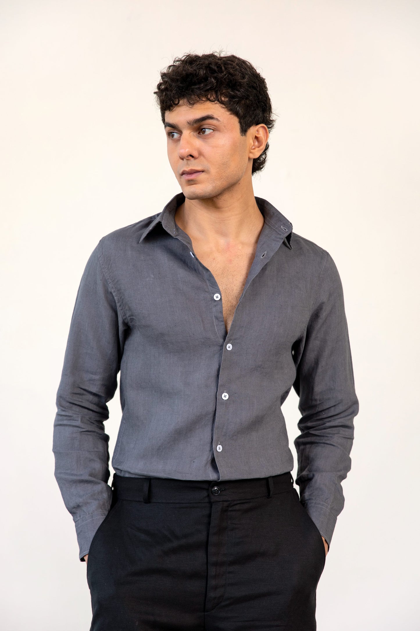 Grey Linen Button Down Shirt