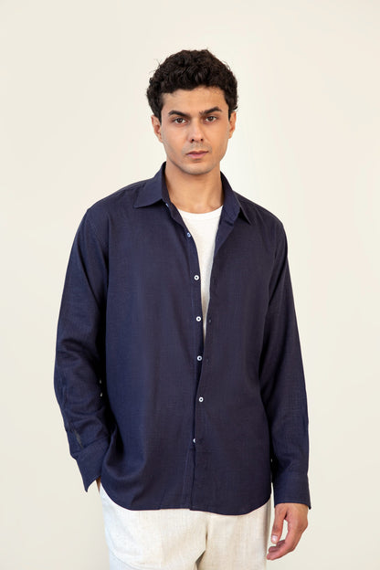 Navy Linen Button Down Shirt