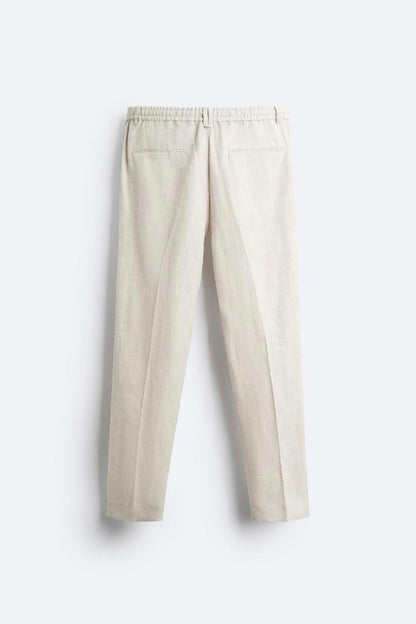 Beige Straight Fit Linen Trouser
