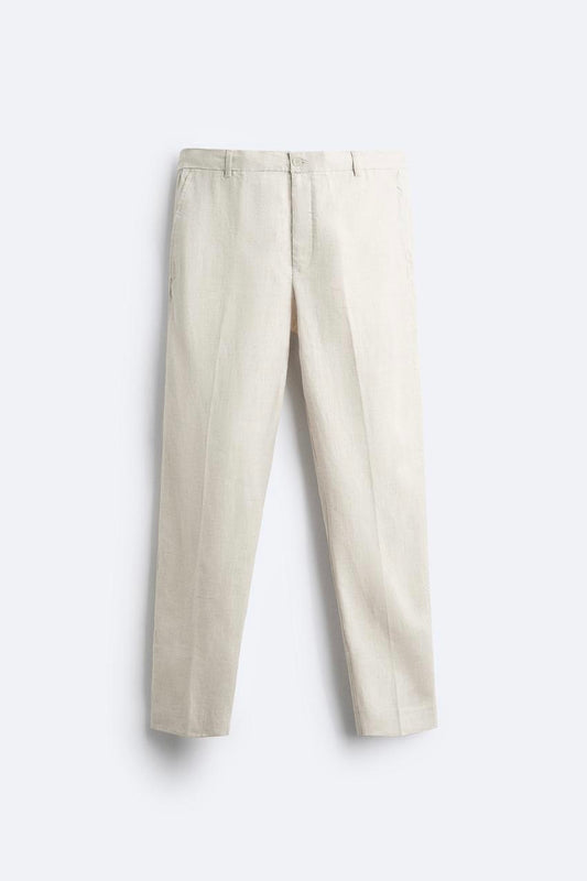 Beige Straight Fit Linen Trouser