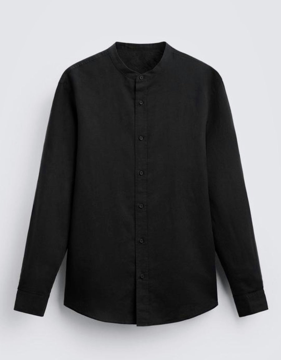 Black Crew Neck Linen Shirt