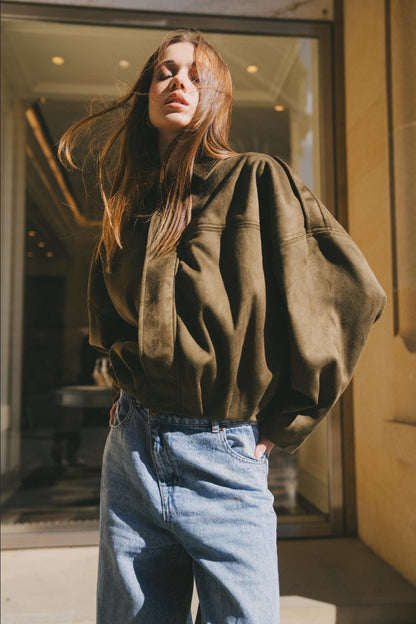 Olive suede bomber jacket
