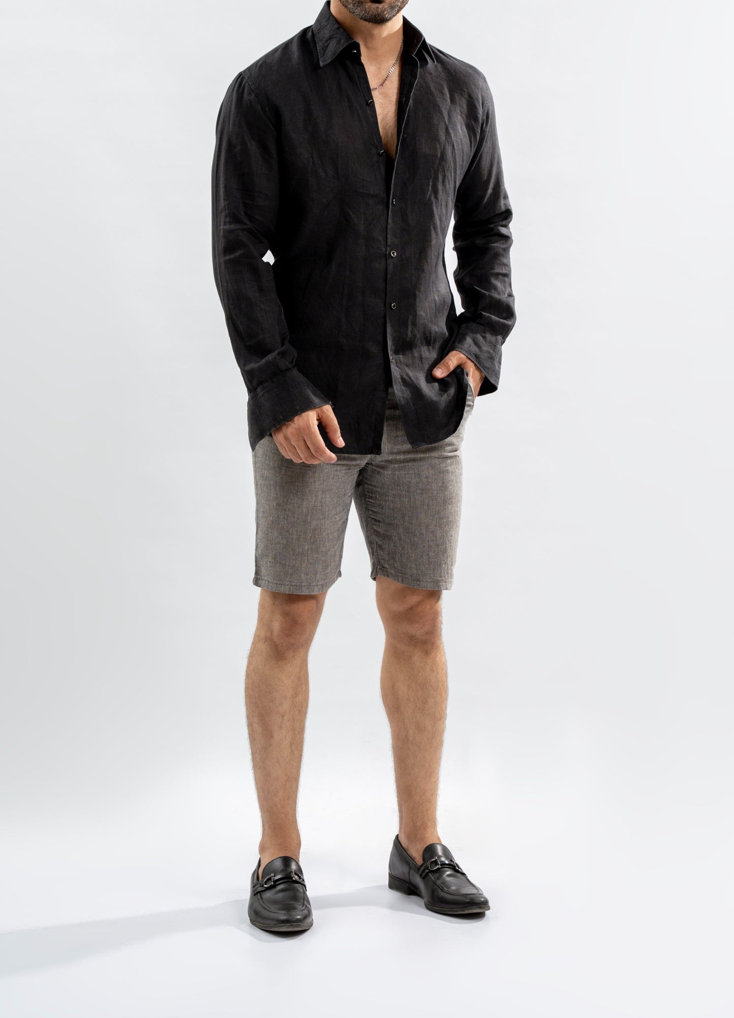 Black Linen Relaxed Fit Button