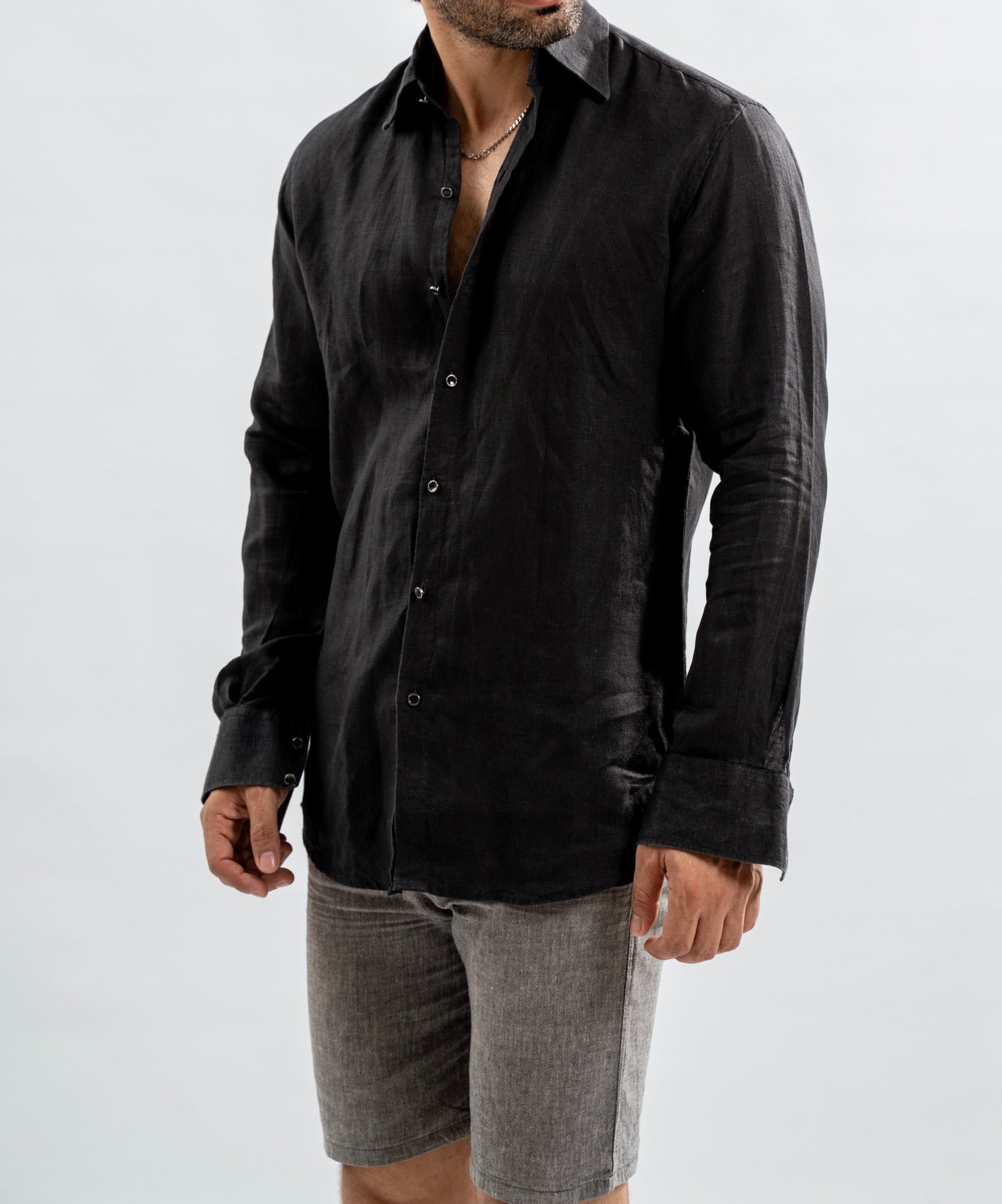 Black Linen Relaxed Fit Button