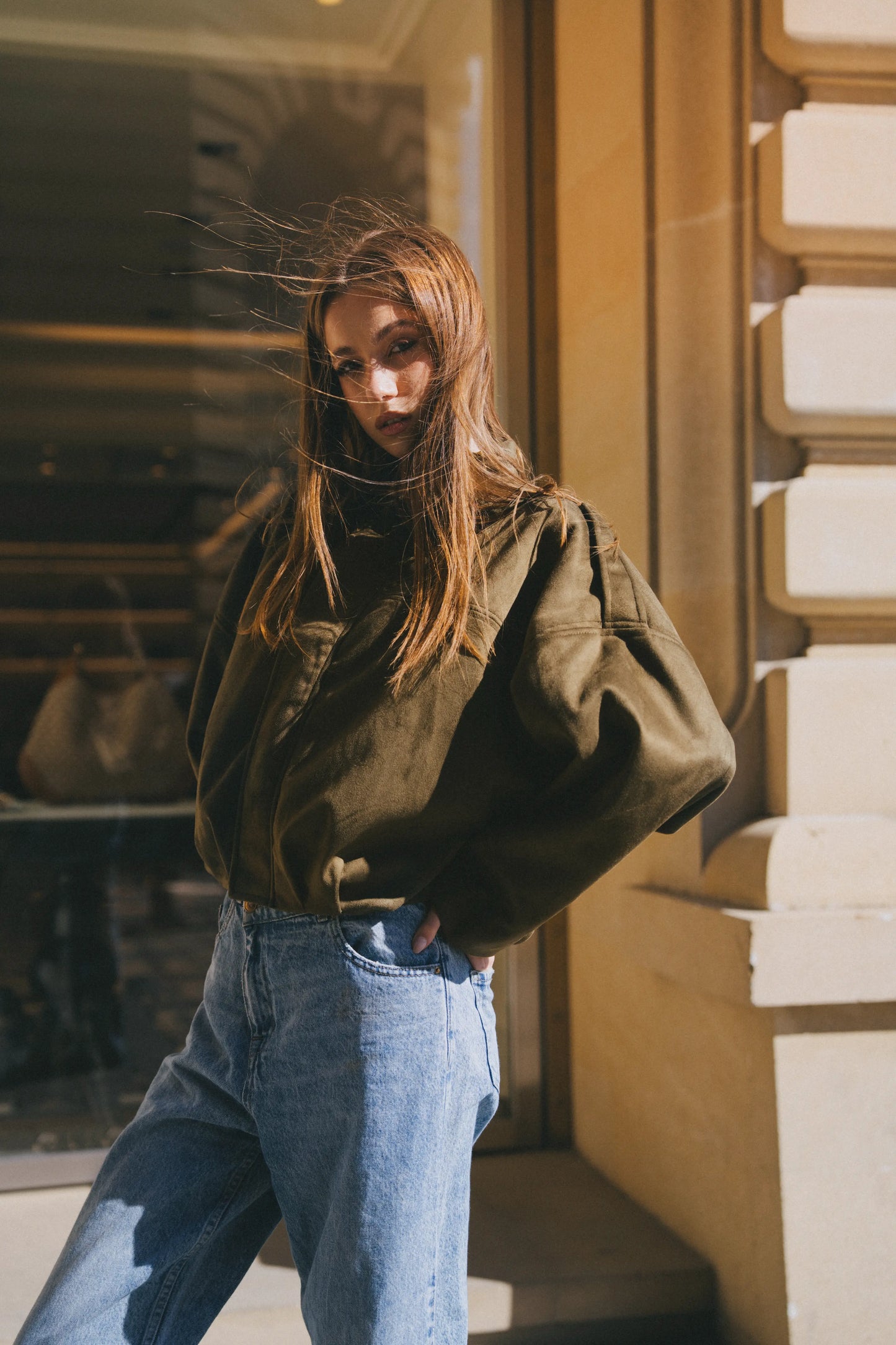Olive suede bomber jacket