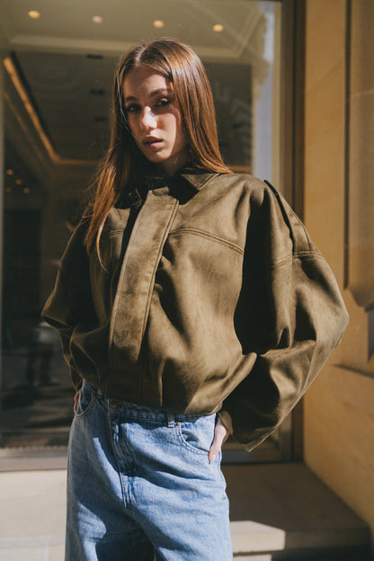 Olive suede bomber jacket