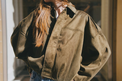 Olive suede bomber jacket