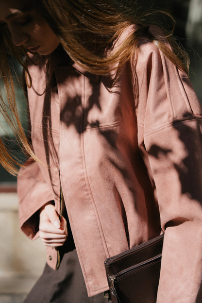 Blush suede bomber jacket