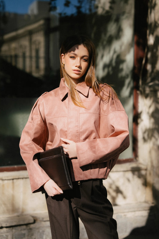 Blush suede bomber jacket