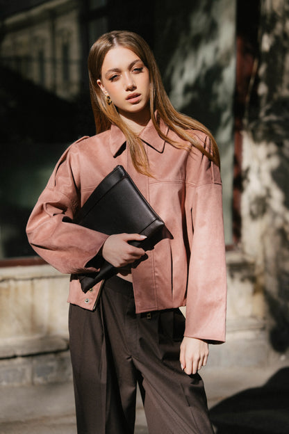 Blush suede bomber jacket