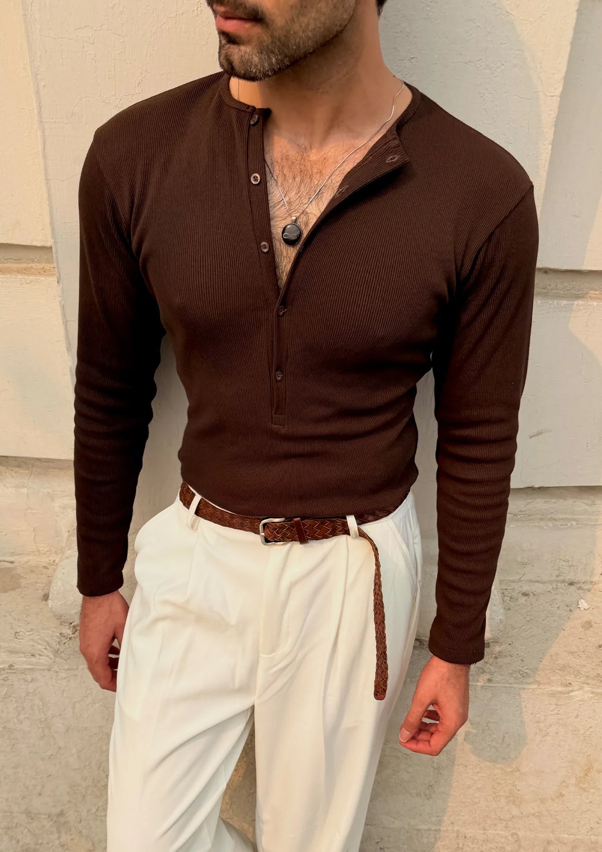 Dark Brown Rib Henley
