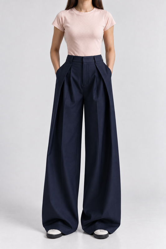 Navy Wide Pleated Trouser